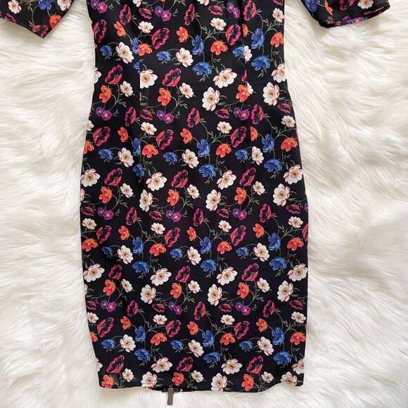 Whistles Black Floral Summer Pansy Print Silk Blend ¾ Sleeve Bodycon Dress - Picture 4 of 9